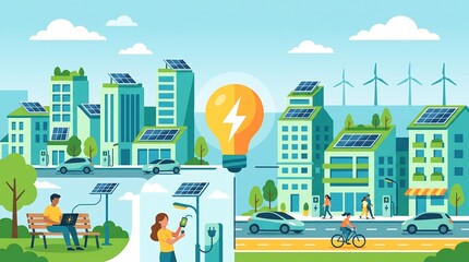 Fototapeta premium Sustainable Modern Cityscape Featuring Renewable Energy Solutions and Eco-Friendly Urban Infrastructure