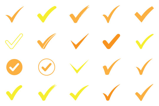 Collection of various black check mark symbols in different styles, ideal for design and checkmark elements. Set of black check mark icons and checked boxes and cirlce on transparent background vector