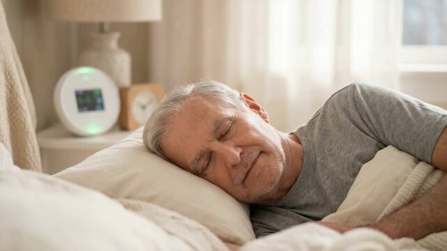 Senior man sleeping in bed with a health monitor nearby. Elderly male resting soundly at home. Sleep tracking and geriatric care concept
