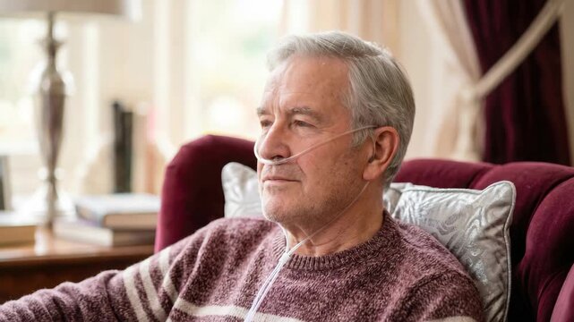 Senior man receiving oxygen therapy at home. Elderly patient with nasal cannula resting in an armchair. Respiratory healthcare concept