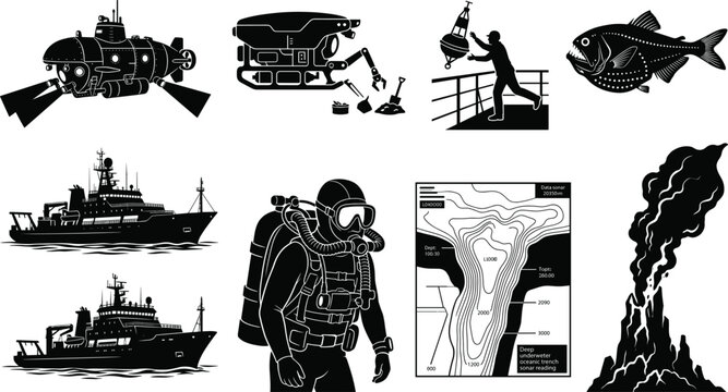 Set of black silhouettes showing deep sea exploration marine research and oceanography concepts
