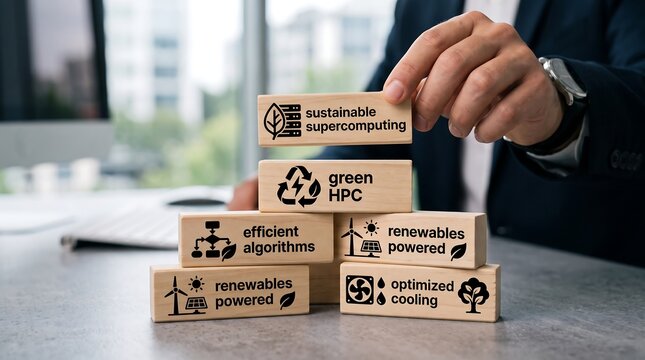 Human hand stacking wooden blocks representing sustainable supercomputing concepts like green HPC and efficient algorithms