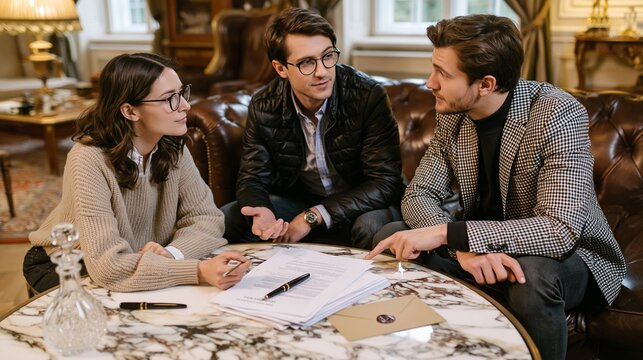 Three adult siblings sit around a marble coffee table in a luxury living room, arguing over a stack of legal documents, a fountain pen, and a sealed envelope beside a crystal decanter. Inheritance