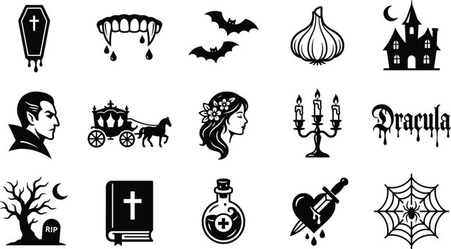 Vampire and gothic halloween silhouette icon set featuring dracula spooky castle coffin bats and horror elements