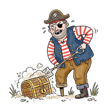 Pirate digging for buried gold treasure with shovel and wooden peg leg.