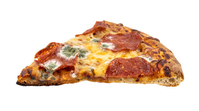 Moldy pepperoni pizza slice with green fungus, spoiled food waste and expired fast food, rotten cheese and meat on crust isolated PNG with Transparent Background