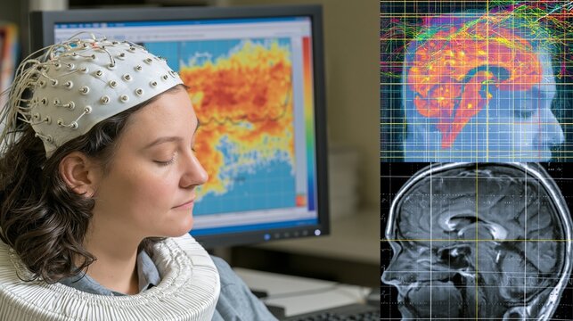 A neuroscience lab monitor shows an EEG brain map with warm heat zones, delta and theta wave overlays, and a head coil around a seated patient; electrode cap, cortical activation grid.
