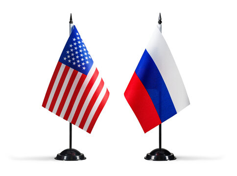 United States and Russia desk flags diplomacy negotiations