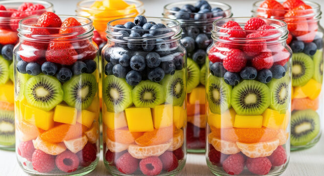 Fresh layered fruit salad in glass jars