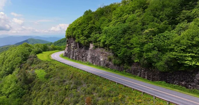 Mountain pass road in North Carolina Appalachian mountains, USA. Blue Ridge Parkway in summer season.