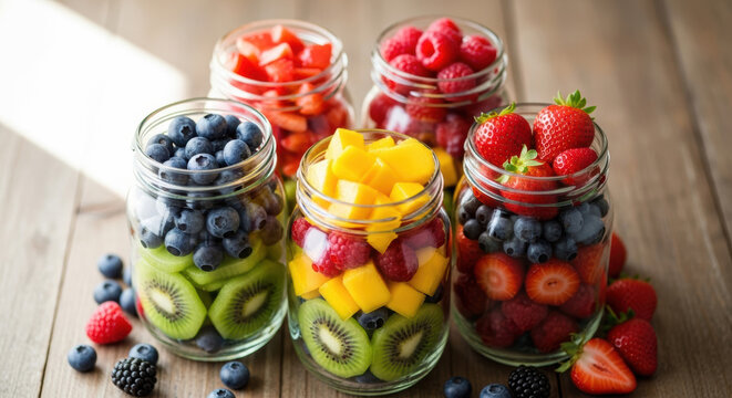 Fresh mixed fruit and berries in glass jars on wooden table