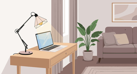 Fototapeta premium Flat illustration of person sitting at desk hesitating before decision, hand on chin, laptop open but idle, sticky notes blank on desk, remote worker, freelance, work from home, work from anywere,