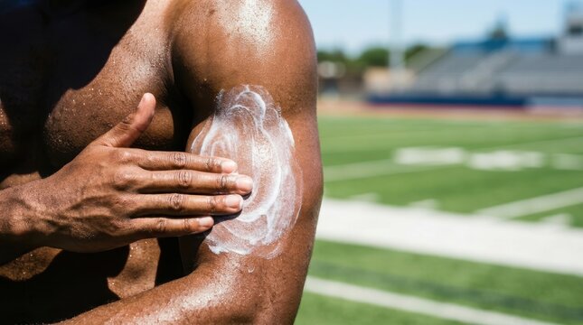 Man applying sunscreen to his arm on a sunny day at a sports stadium sports recovery