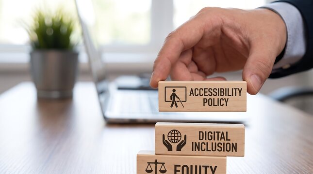 Wooden blocks with accessibility policy digital inclusion and equity concepts on office desk