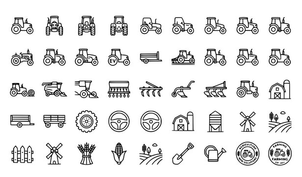 Farm Tractor Outline Icon Set Editable Agriculture Vector Collection