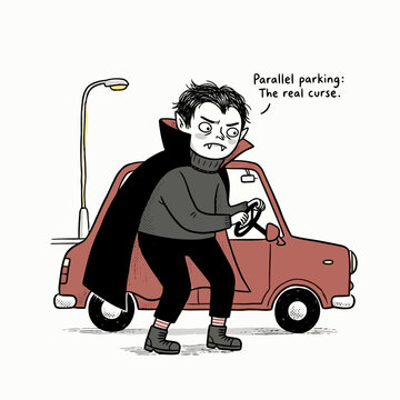 Stressed vampire man trying to park car parallel.