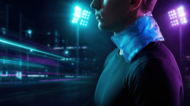 Person wearing a blue cold pack around neck with stadium lights in background at night