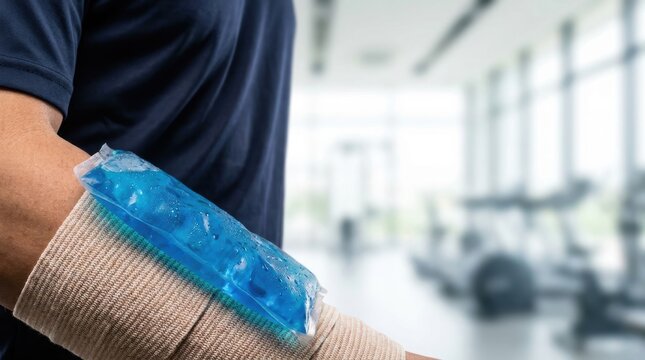 Person's arm bandaged and applying a cold gel pack for injury recovery