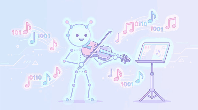 Cute robot playing violin with floating music notes and binary code vector illustration.
