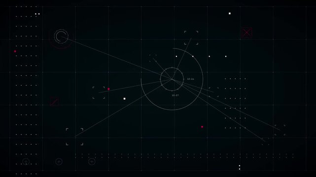 Sci-Fi Minimalist HUD Interface Layout, Futuristic Digital Tech Geometry Grid, Abstract Engineering Blueprint with Radar Lines and Data Elements on Dark Background