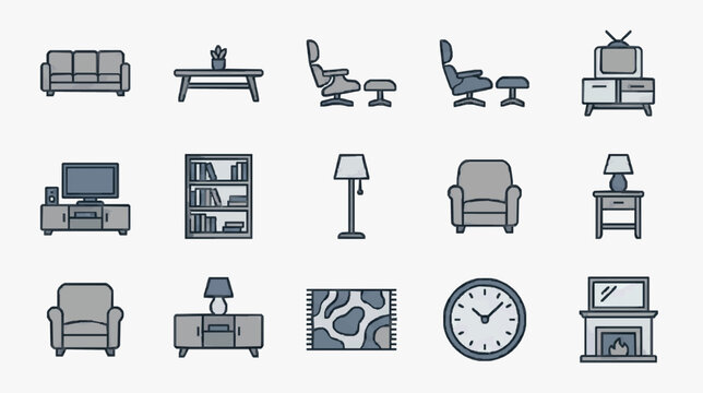Sleek Minimalist Gray Scale Icons Showcasing Modern Living Room and Bedroom Furniture Decor and Appliances