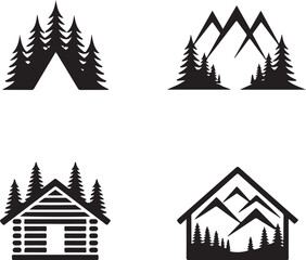 Obraz premium Four black nature and outdoor featuring pine trees, mountains, and a log cabin for camping and wilderness
