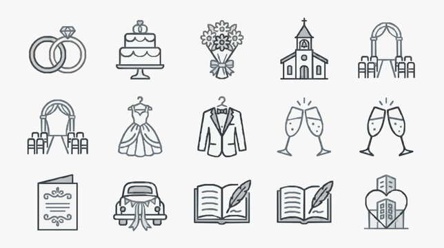 Creative Black and White Wedding and Love Themed Icons Set Featuring Rings Cake Flowers Church Archway Dress Suit Champagne Books and City Skyline