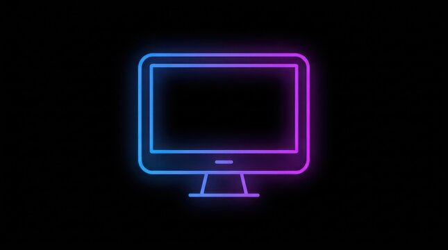 Digital computer monitor neon outline icon glowing with purple and blue light on black wall.