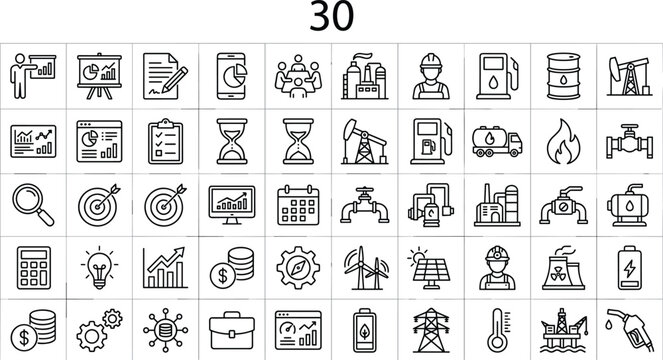 Business management analytics and industrial energy icons set featuring oil gas renewables factory engineering financial strategy vectors