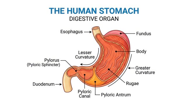 Diagram showing labeled parts of human stomach anatomy with internal and external features.