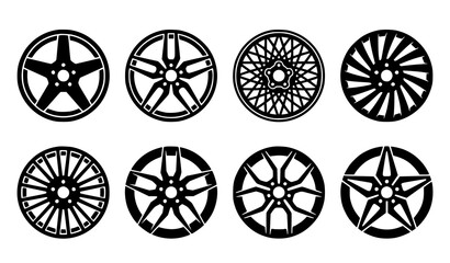 Modern Black and White Car Wheel Rim Icons Set for Automotive Branding and Vector Design