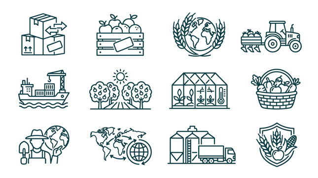Agriculture and Food Supply Chain Icons: Farming, Logistics, Global Trade, Harvest, Greenhouse