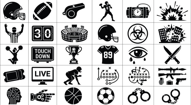 American football sports tactical military weapons crime and technology icons set featuring helmet player explosion handcuffs and balls vectors