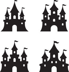 Fototapeta premium Set of four black silhouette castle with towers and flags, isolated on a white background, for fairy tale, and fantasy themed projects