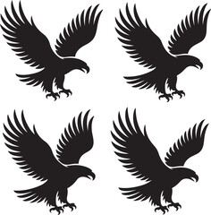 Fototapeta premium Set of four black silhouette eagle with wings spread, isolated on a white background, for patriotic and, wildlife themed projects