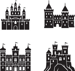 Fototapeta premium Set of four black silhouette of medieval castles with towers, battlements, and arched gates on a white background, for use