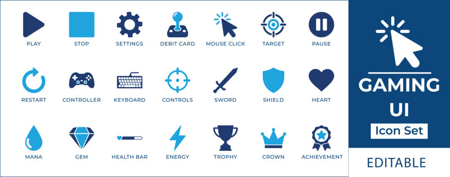 Gaming UI icon set featuring controller gamepad, joystick, crosshair target, player health life bar, energy mana, weapon sword, shield defense, and achievement trophy symbols.