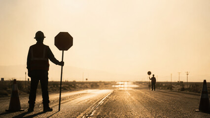 Fototapeta premium Road construction workers manage traffic with stop signs under heat of sun, showcasing their dedication despite stress of job