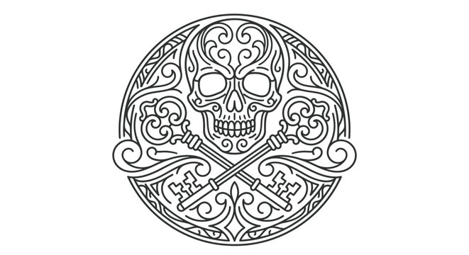 Detailed black and white vector illustration of an ornate skull with filigree patterns resting above two crossed vintage skeleton keys, enclosed in a circular decorative line art emblem.