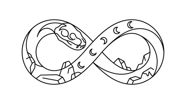 Minimalist black line art illustration of a snake skull integrated into an infinity symbol loop, featuring crescent moon phases and jagged geometric mountain landscape elements.