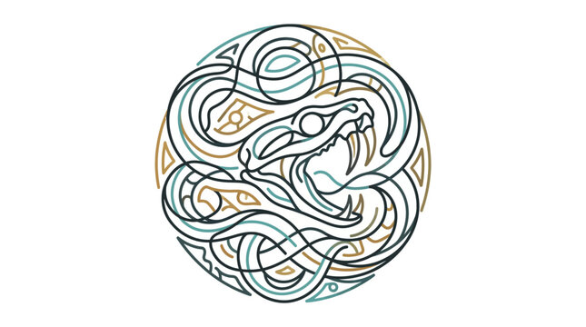 Minimalist vector illustration of a snake skull with fangs and elongated jaw, entwined in a circular knotwork pattern with teal and gold lines on a clean white background.