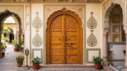 Obraz premium Traditional palace entrance featuring an intricately carved wooden door framed by ornate arches, floral wall paintings, heritage courtyard architecture, handcrafted decorative motifs, historic 
