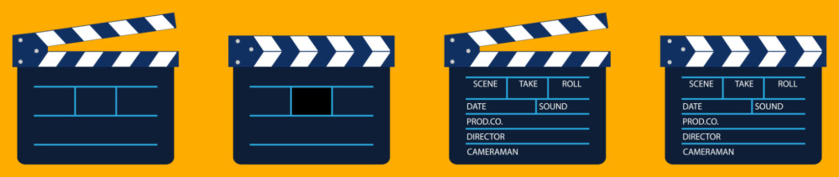 Flat vector collection of blue clapper board icons with open and closed slate design in blank and labeled style. Movie, cinema, film symbol. Director clapboard. Isolated vector illustration on orange.
