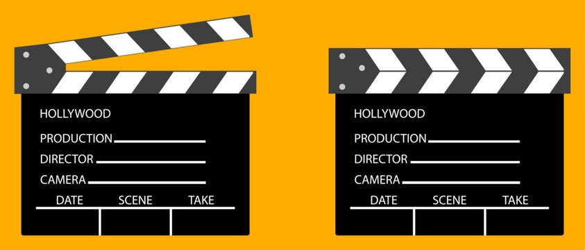 Opened and closed movie clapper film clap board. Black clapper board icon collection flat vector set on orange background for cinema. Vector illustration.