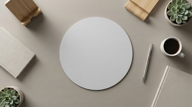 Blank white circle mouse pad mockup on a minimalist workspace desk with stationery, a coffee cup, and succulent plants for creative branding design