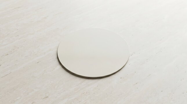A minimalist blank white circle mouse pad resting on a textured light marble surface, ideal for desktop organization or professional office branding mockups