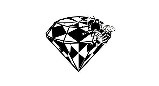 Detailed bee perched on a faceted diamond gemstone.