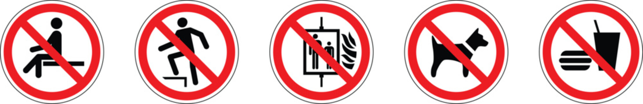 Five prohibited activity icons with red circle