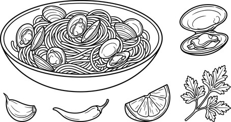 Seafood Spaghetti alle Vongole Bowl Vector Illustration Set with Open Clams Garlic Clove Chili Pepper Lemon Slice and Parsley Sprig Line Art © Md Shujan islam