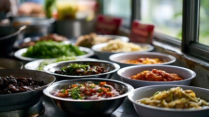 Obraz premium A clean street food stall in a market corner features serving bowls and menu signs bathed in warm window light
